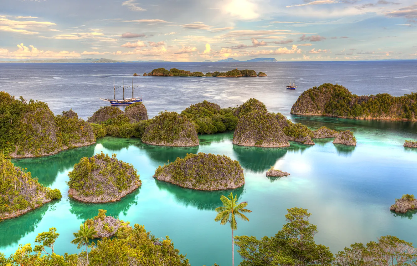 Photo wallpaper sea, Islands, tropics, palm trees, ships, yachts, horizon, Indonesia