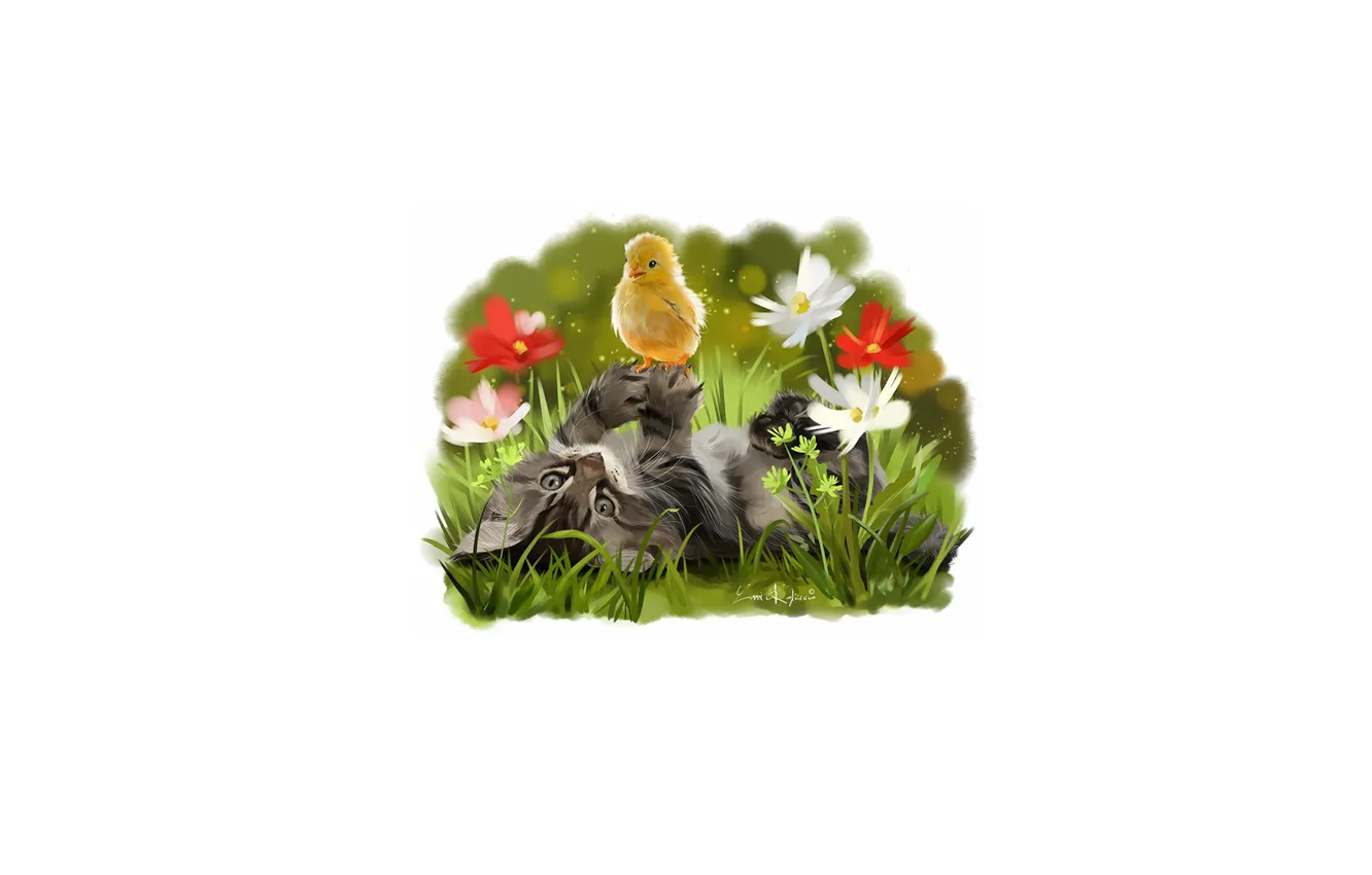 Photo wallpaper flowers, chickens, kitty
