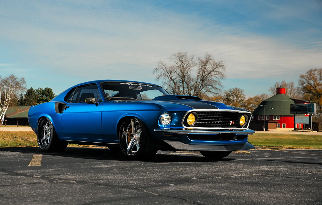 Photo wallpaper Mustang, Ford, 1969, House, Ford Mustang, Blue, Muscle car, Road