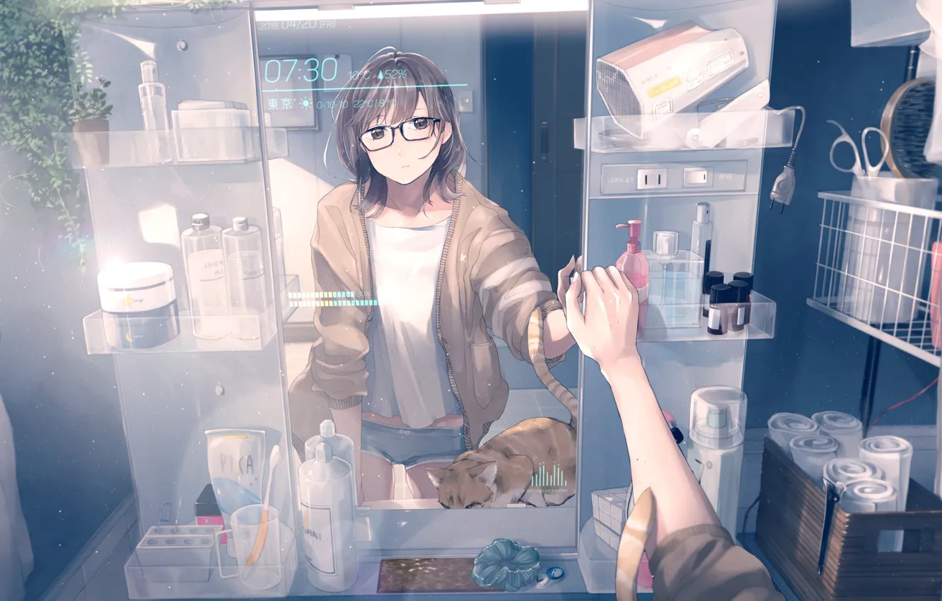 Photo wallpaper watch, jars, cosmetics, scissors, glasses, the mirror, shelves, Hairdryer