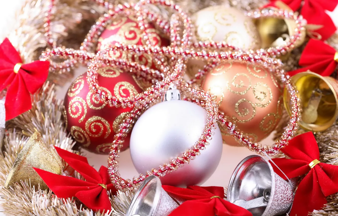 Photo wallpaper balls, photo, Christmas, New year, tinsel, bells, holidays