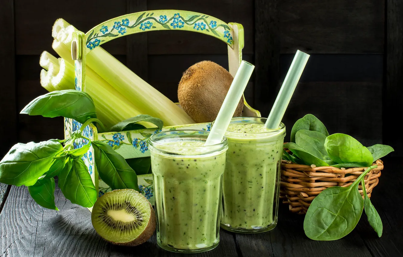 Photo wallpaper leaves, kiwi, cocktail, tube, smoothies