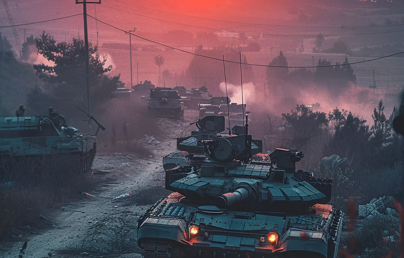 Photo wallpaper Smoke, Dawn, Tanks, Digital art, Column, AI art, The Art of Artificial Intelligence, Neural network