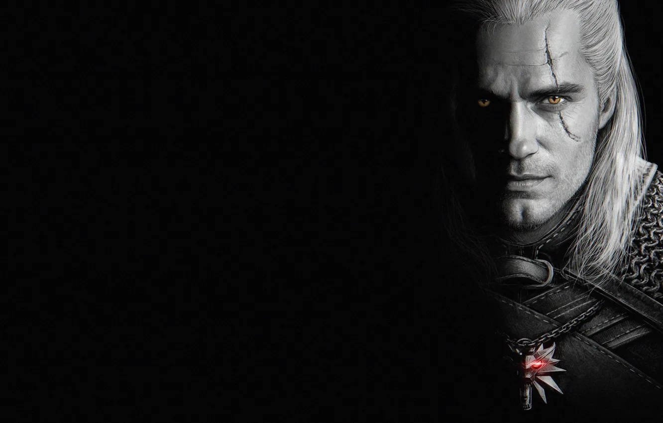 Photo wallpaper look, male, scar, The Witcher, black background, 2019