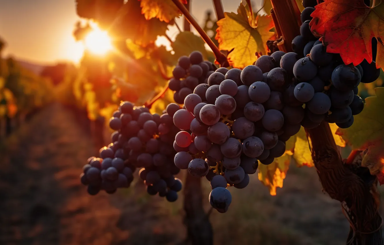 Photo wallpaper leaves, light, branches, blue, harvest, grapes, vineyard, vine