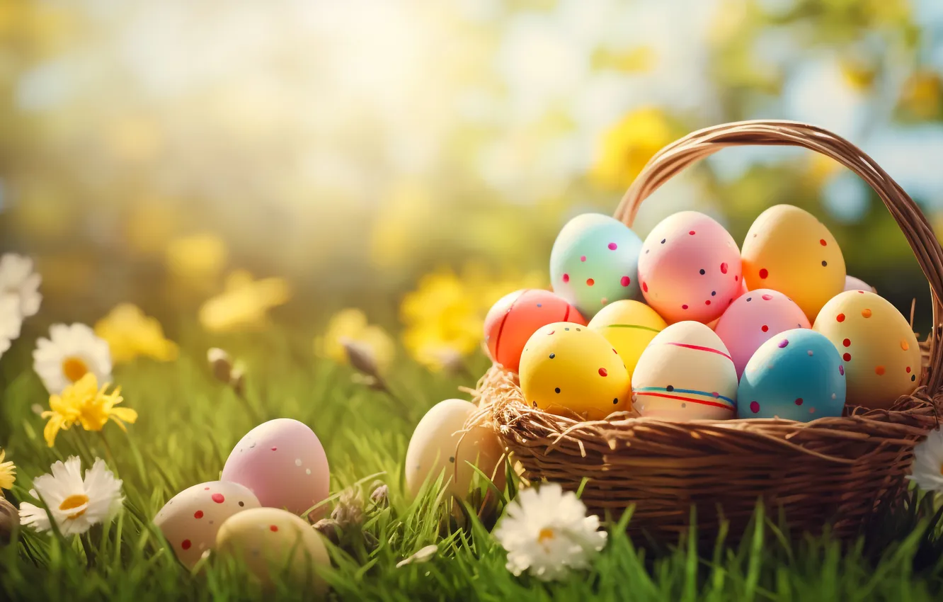 Photo wallpaper flowers, eggs, spring, colorful, Easter, flowers, spring, Easter