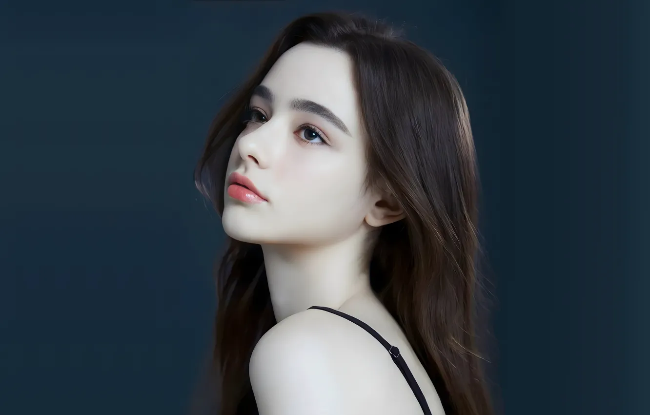 Photo wallpaper long hair, studio, model, women, face, brunette, looking up, portrait