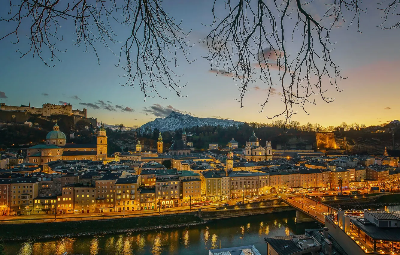Photo wallpaper sunset, mountains, branches, bridge, lights, river, home, the evening