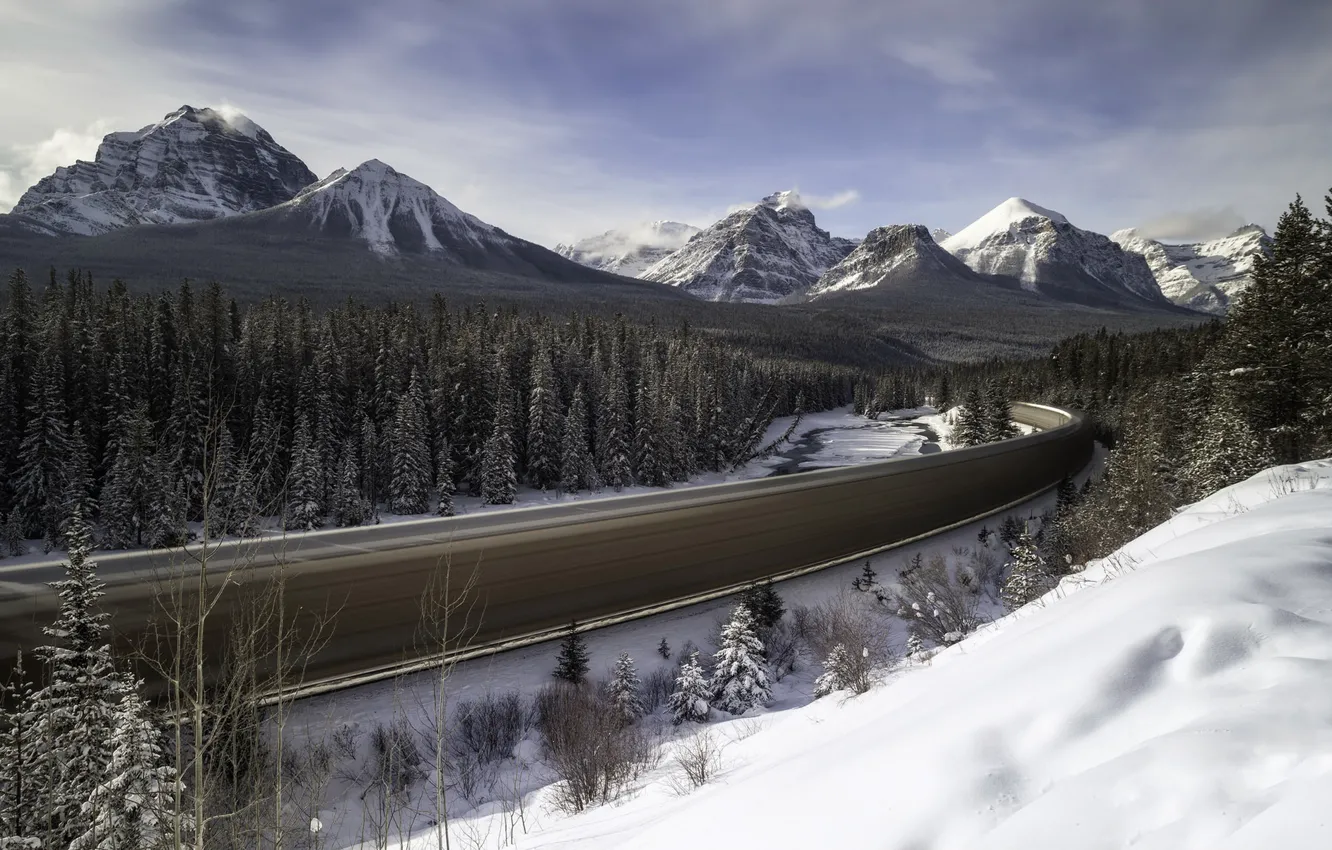 Photo wallpaper winter, road, mountains