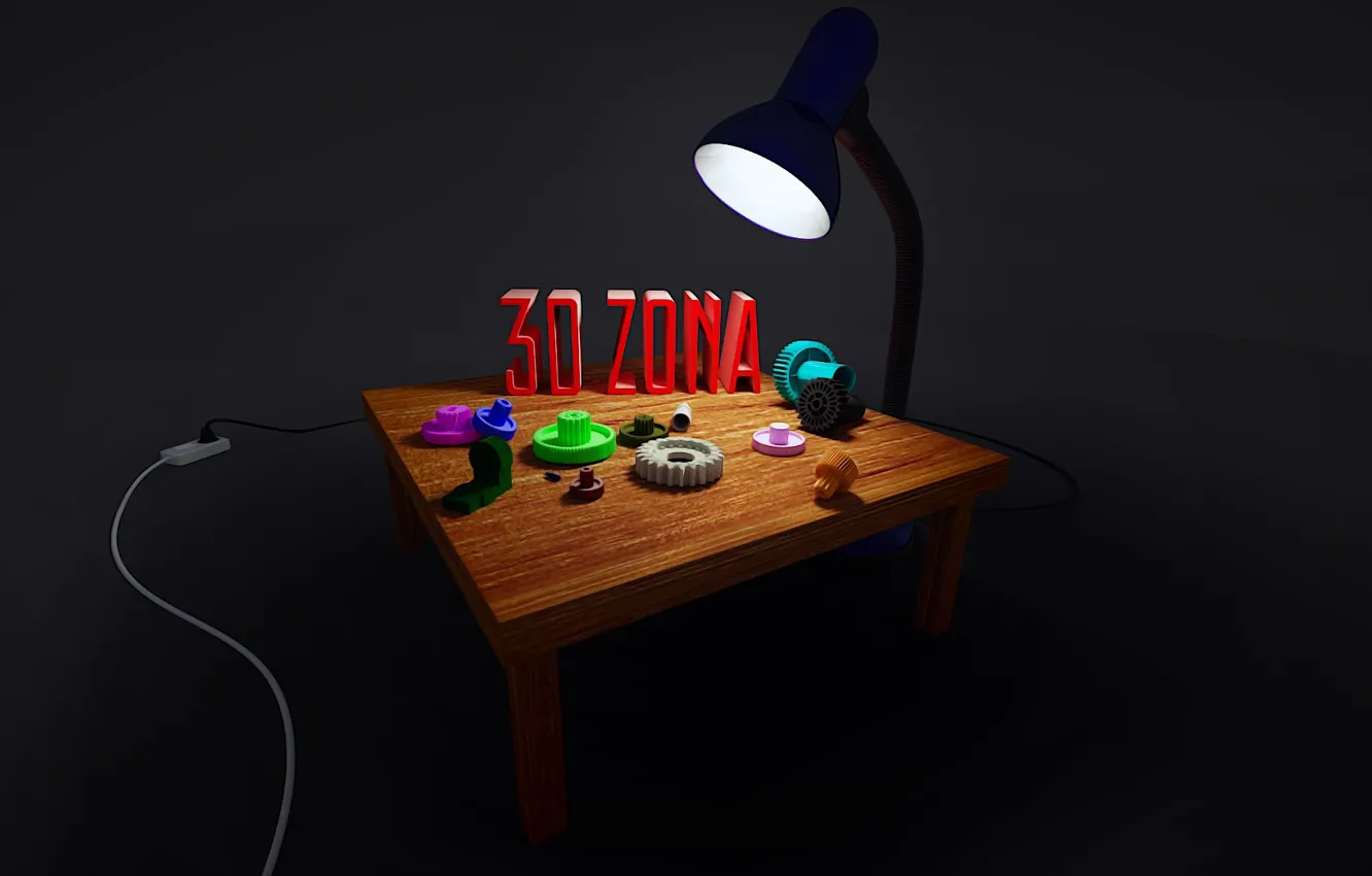 Photo wallpaper lamp, gear, 3D render, on a dark background, 3D printers