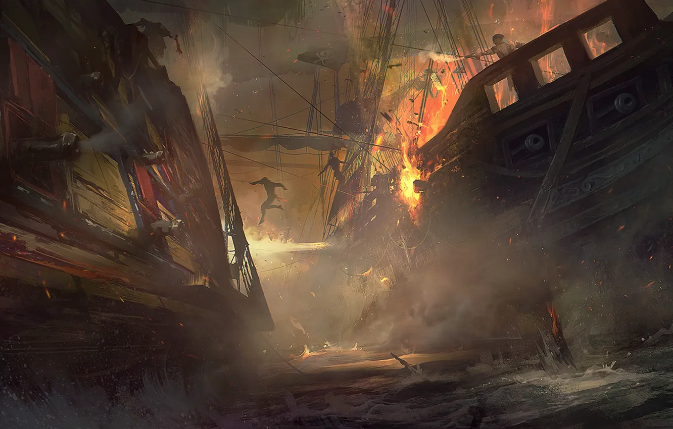 Photo wallpaper sea, water, the explosion, fire, ships, gun, Board, abordage