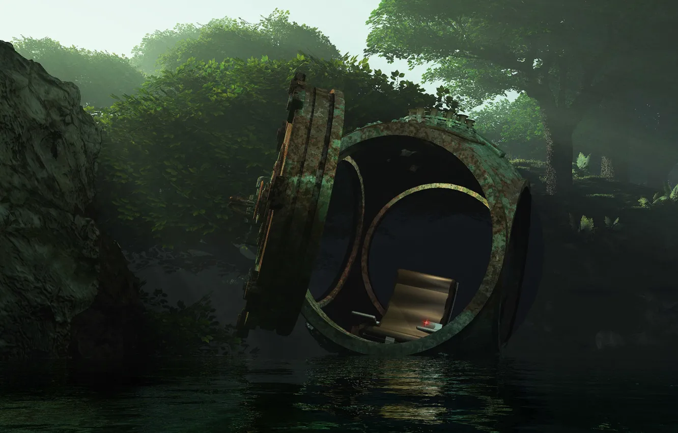 Photo wallpaper forest, capsule, pond, batyscaaf, Alien adrift
