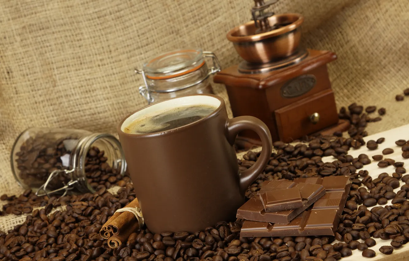 Photo wallpaper coffee, chocolate, grain, Cup, Bank, cinnamon, brown, coffee grinder