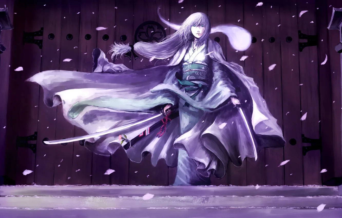Photo wallpaper look, girl, flowers, weapons, sword, katana, gate, petals