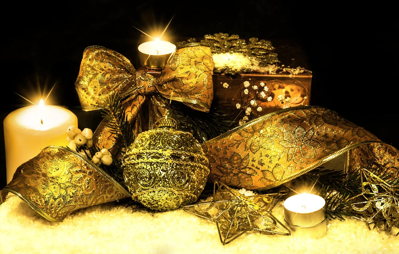 Photo wallpaper branches, candles, tape, tree, gold plated, asterisk, Christmas decorations, bows