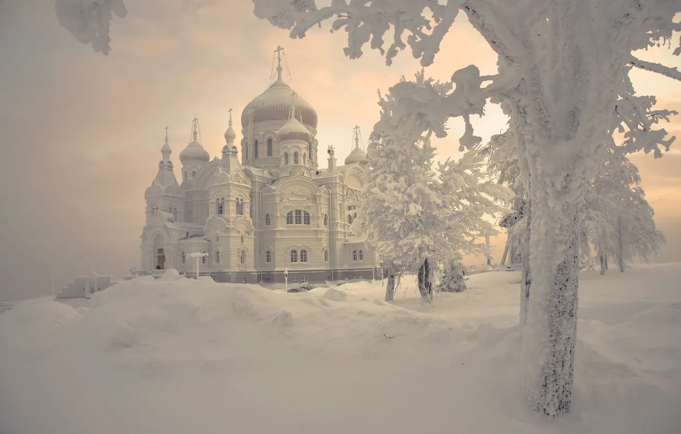 Photo wallpaper winter, dawn, frost, The Belogorsky monastery, Eduard Gordeev