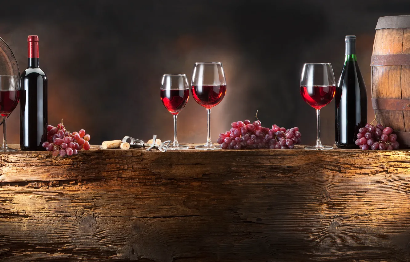 Photo wallpaper wine, red, glasses, grapes, bottle, bunches, kegs