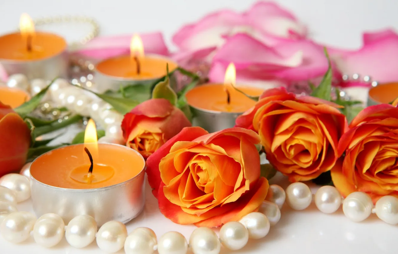 Photo wallpaper flowers, roses, candles, petals