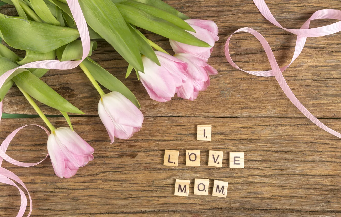 Photo wallpaper flowers, the inscription, bouquet, tape, tulips, Mother's day, I love mom, Dmytro Sheremeta