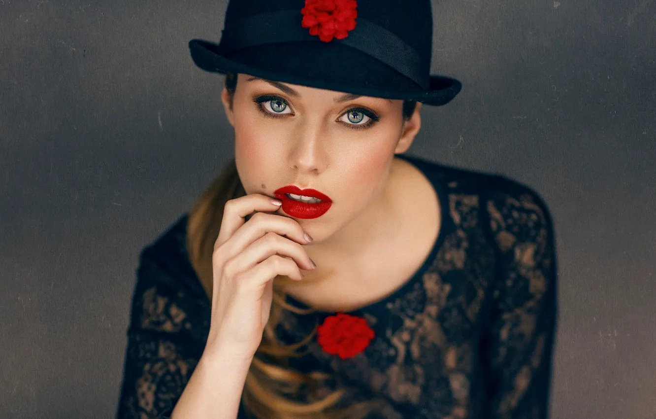 Photo wallpaper look, girl, flowers, face, background, hand, portrait, hat