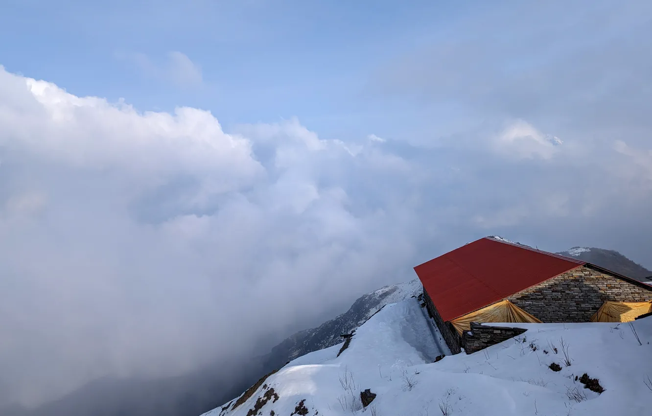 Photo wallpaper mountains, Nepal, Nepal, camp in the mountains house in the mountains, Clouds in the mountains, …
