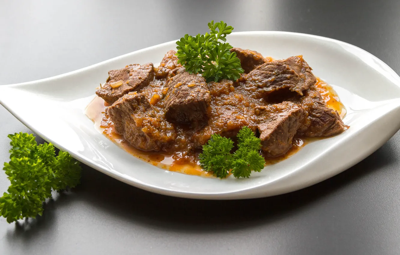 Photo wallpaper greens, food, plate, meat, dish