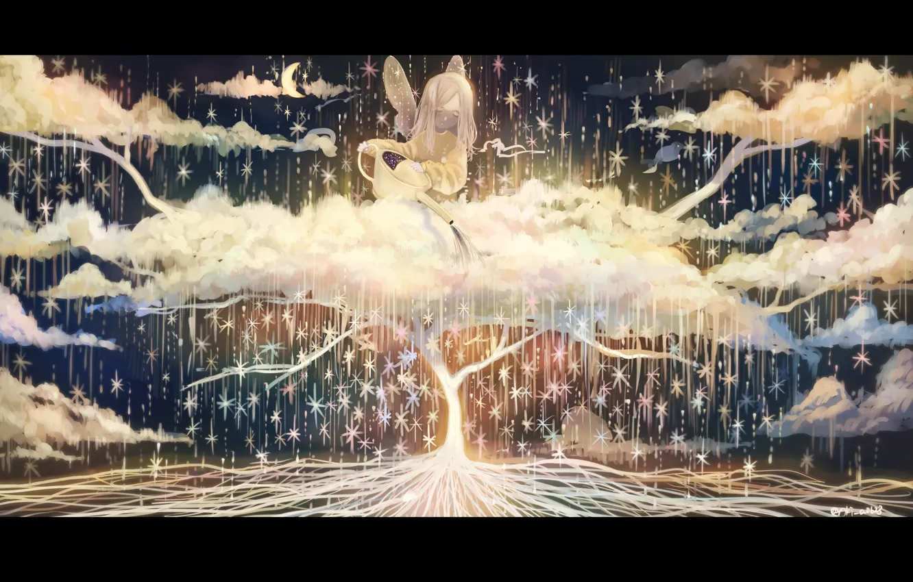 Photo wallpaper stars, clouds, trees, fairy, Crescent