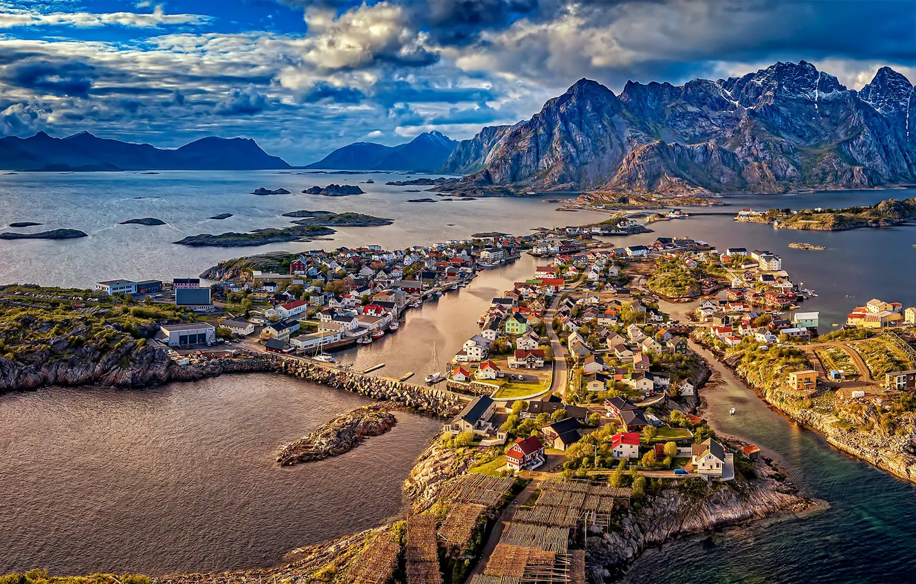 Photo wallpaper Islands, mountains, home, village, Norway, panorama, Norway, the fjord