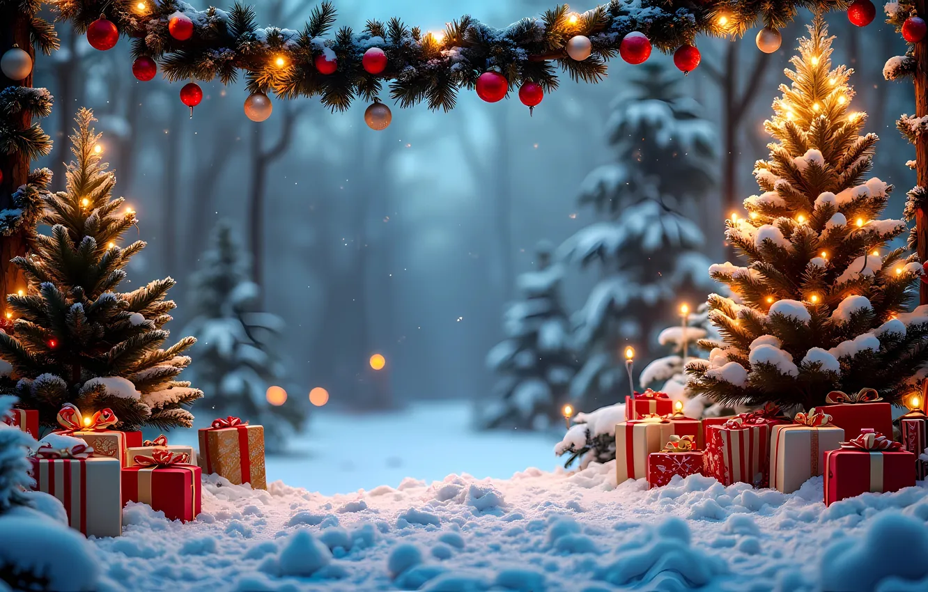 Photo wallpaper winter, forest, balls, light, snow, branches, red, nature