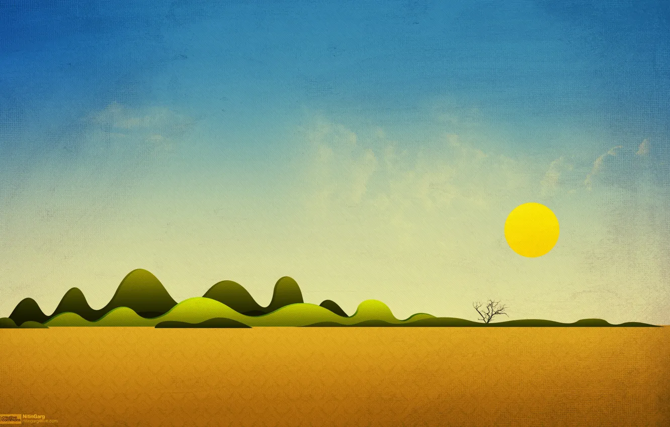 Photo wallpaper the sky, the sun, trees, landscape, hills, collage, desert, art