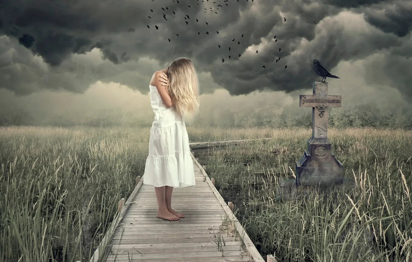 Photo wallpaper girl, clouds, cross, crows