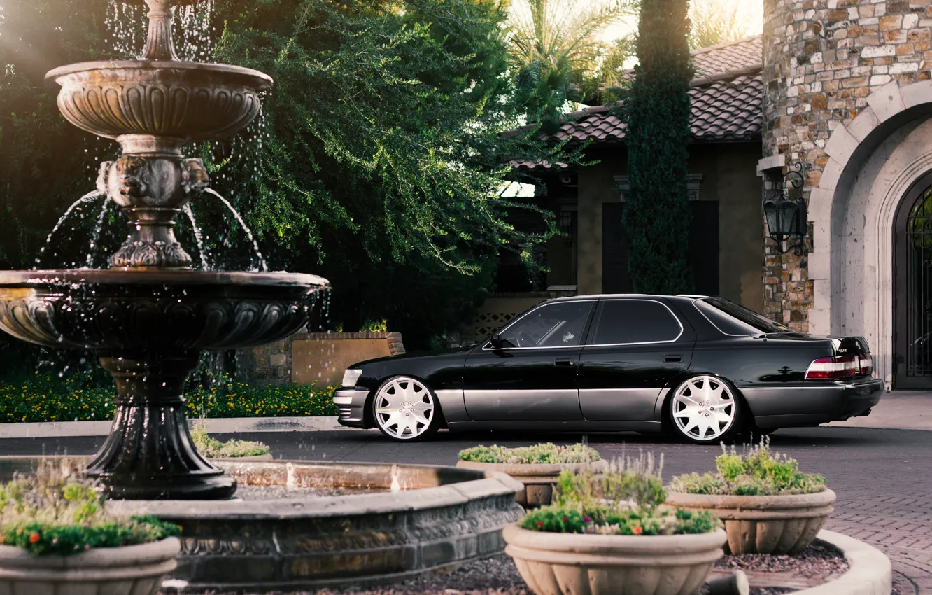 Photo wallpaper Lexus, fountain, black, mansion, rear