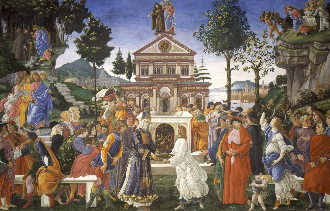 Photo wallpaper picture, religion, mythology, Sandro Botticelli, The Three Temptations Of Christ