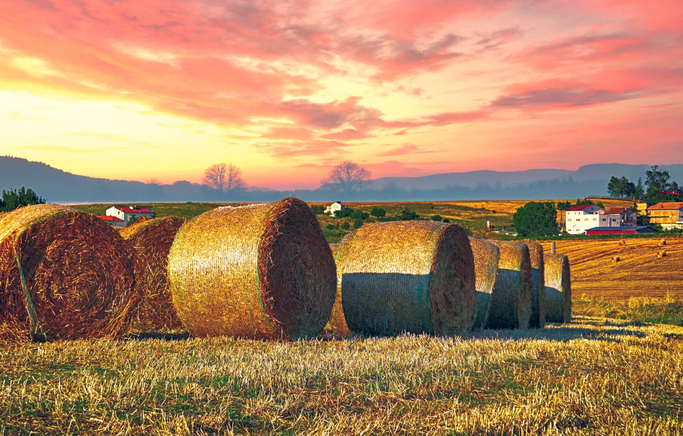 Photo wallpaper field, the sky, clouds, light, sunset, mountains, dawn, hills
