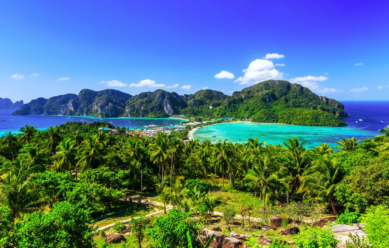 Photo wallpaper sea, beach, the sky, the sun, clouds, trees, tropics, palm trees