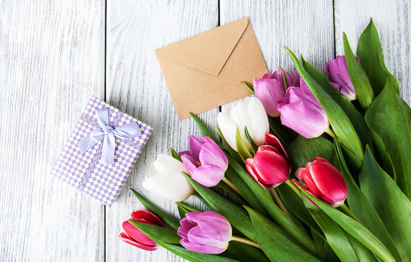 Photo wallpaper flowers, gift, bouquet, colorful, tulips, wood, flowers, tulips