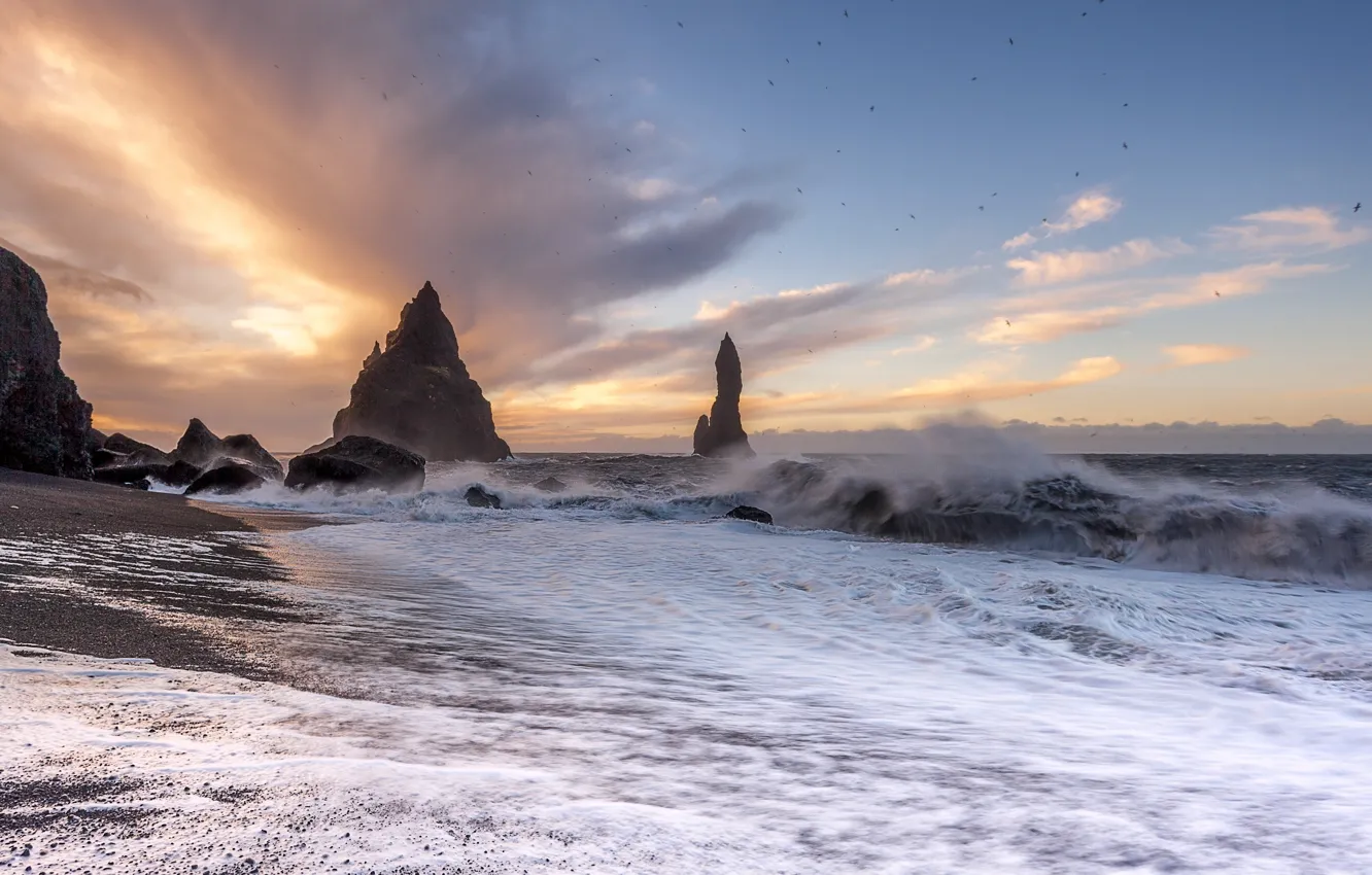 Photo wallpaper wave, sunset, storm, the ocean, rocks, coast, Iceland, Iceland