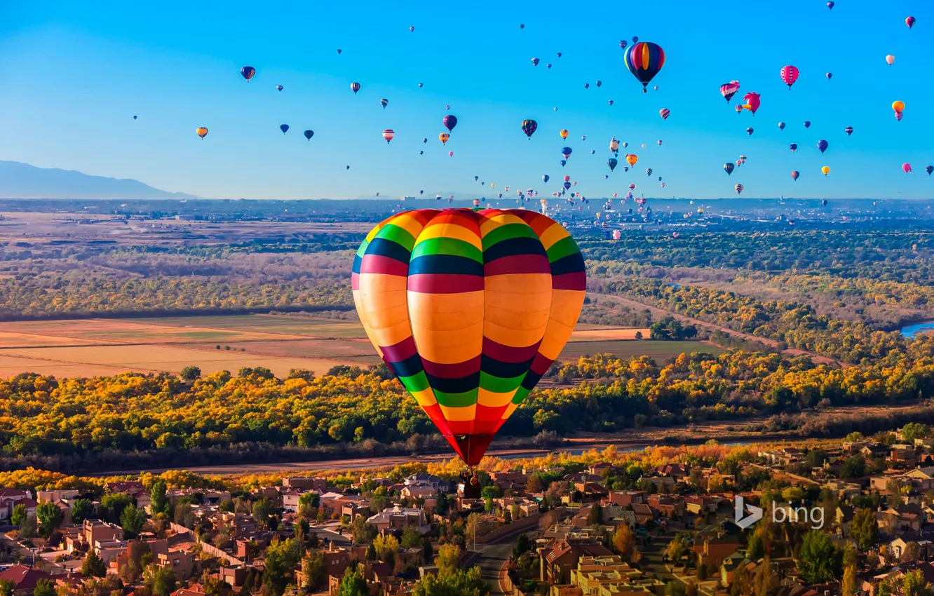 Photo wallpaper trees, balloon, river, panorama, USA, New Mexico, Albuquerque International Balloon Fiesta