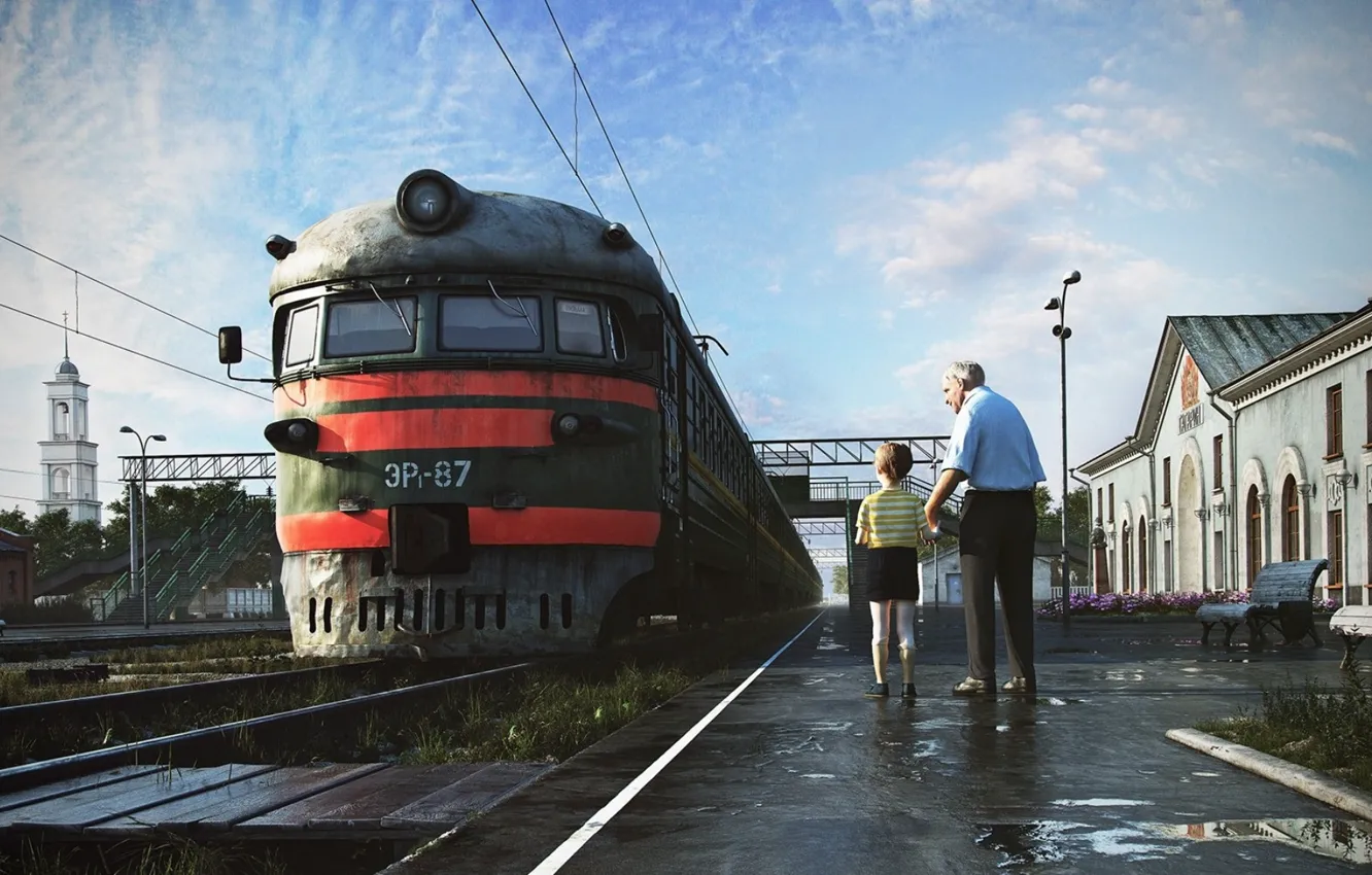 Photo wallpaper train, art, grandfather, grandson, railway station