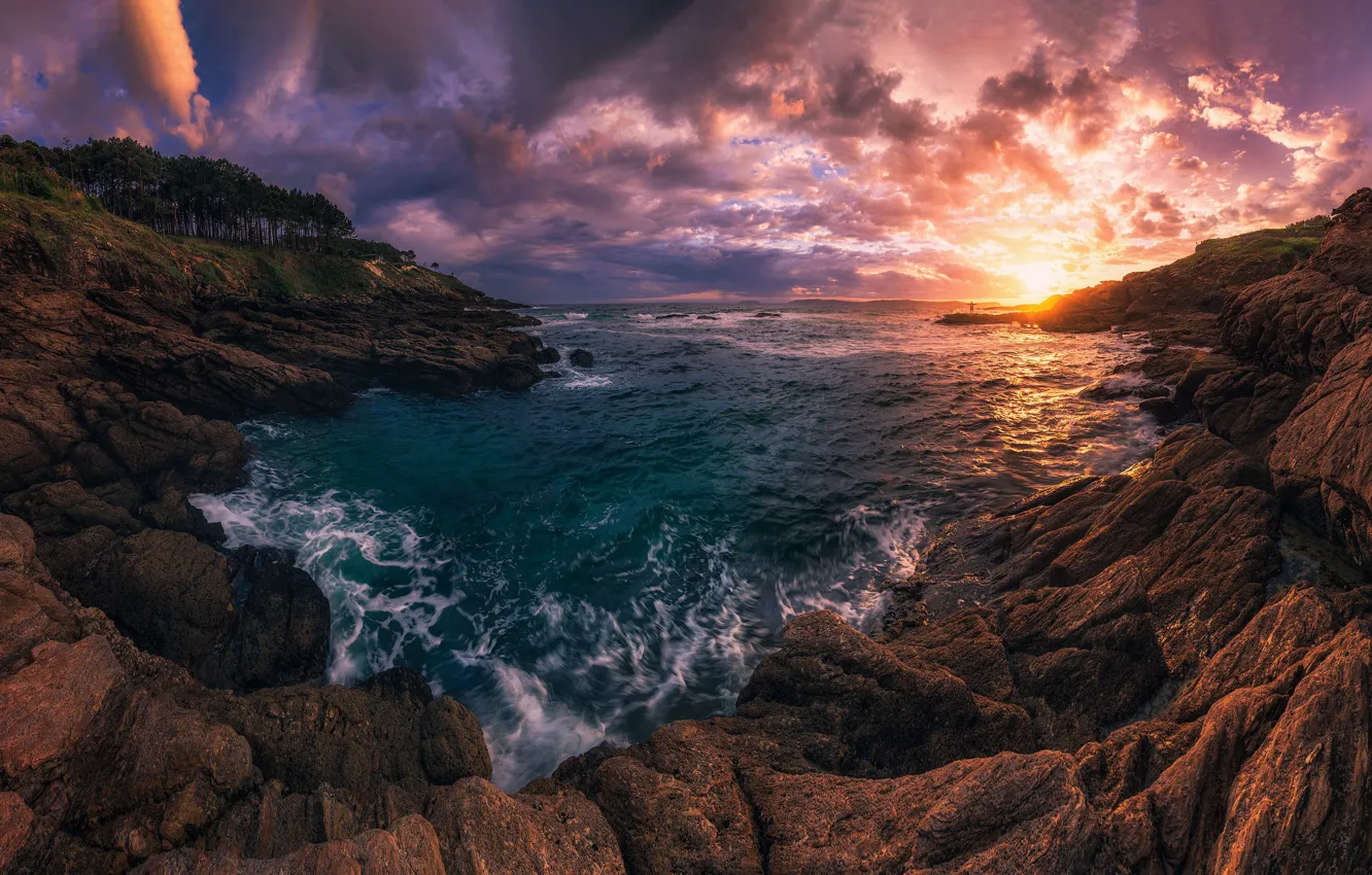 Photo wallpaper sunset, the ocean, coast, Bay, Spain, Spain, The Atlantic ocean, Galicia