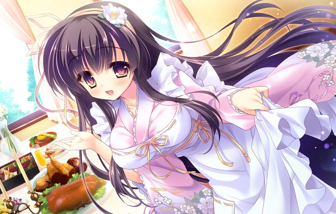 Photo wallpaper look, girl, joy, food, yukata, gesture, art, kurobe profit