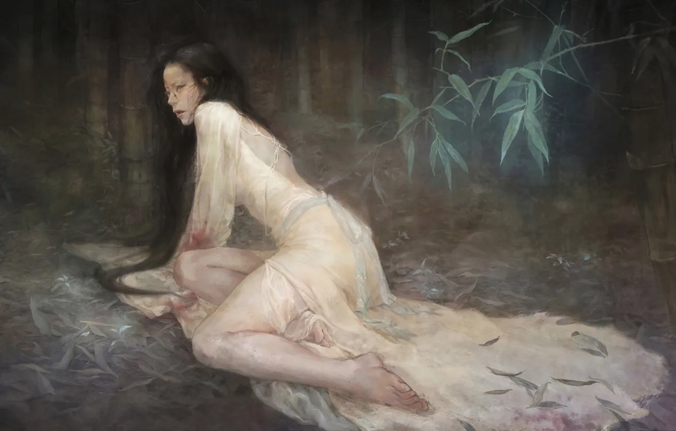 Photo wallpaper leaves, blood, art, long-haired, drawn girl