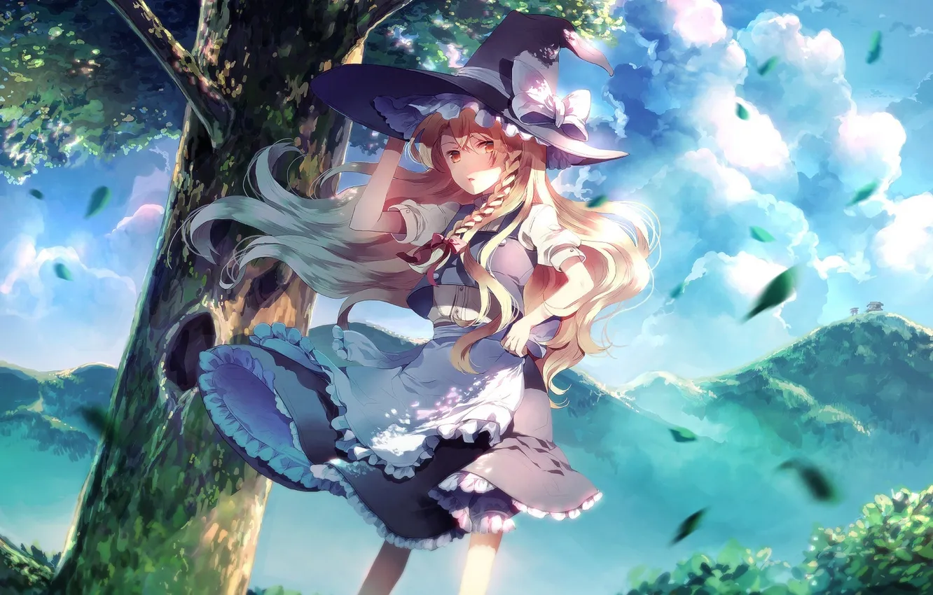 Photo wallpaper the sky, leaves, girl, clouds, trees, nature, hat, anime