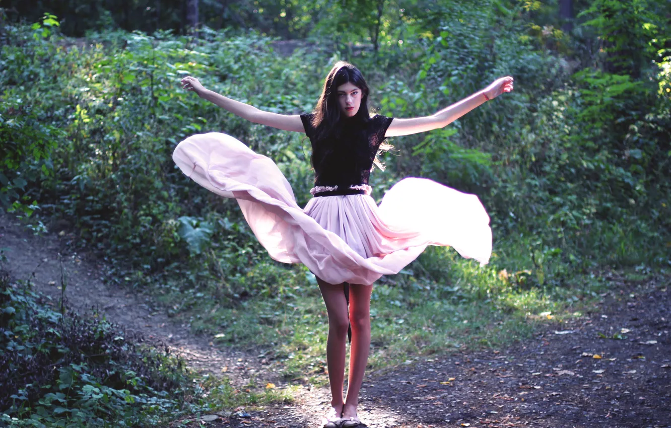 Photo wallpaper forest, look, girl, brunette, path