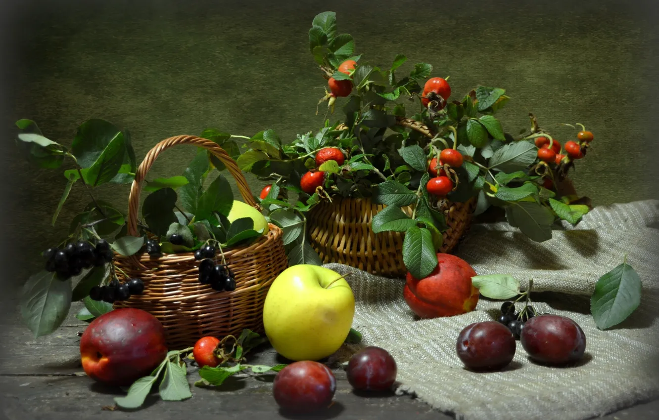 Photo wallpaper apples, briar, still life, plum, Aronia
