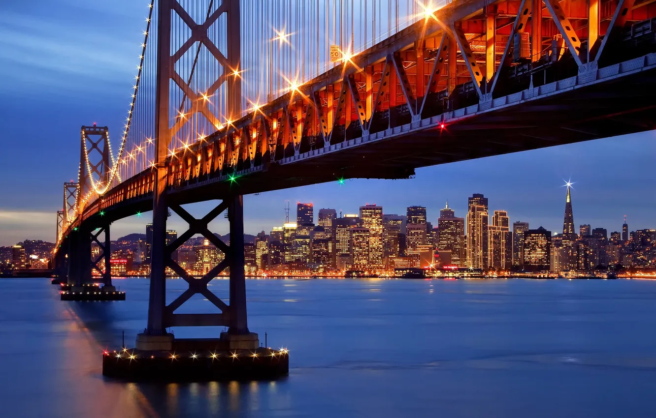 Photo wallpaper night, the city, lights, Strait, the evening, backlight, Bay, San Francisco