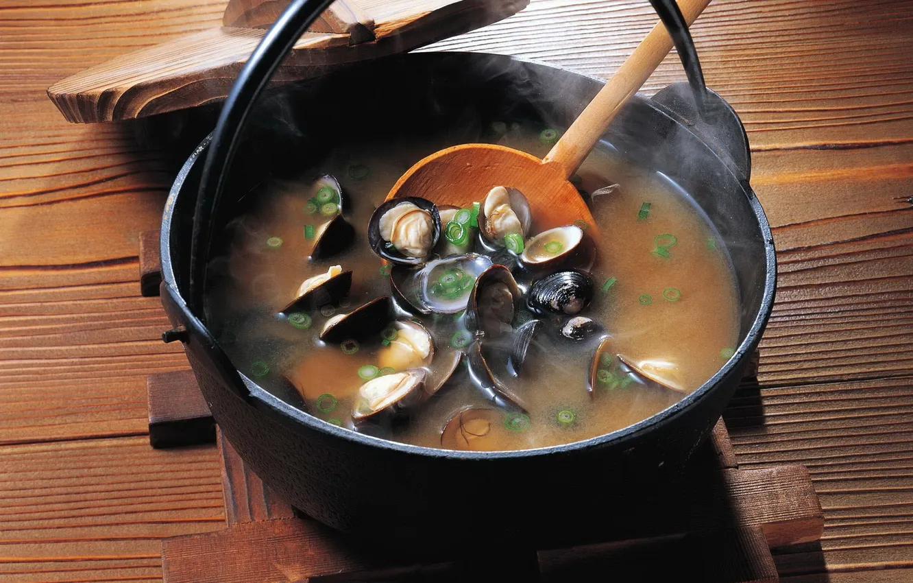 Photo wallpaper soup, boiler, mussels