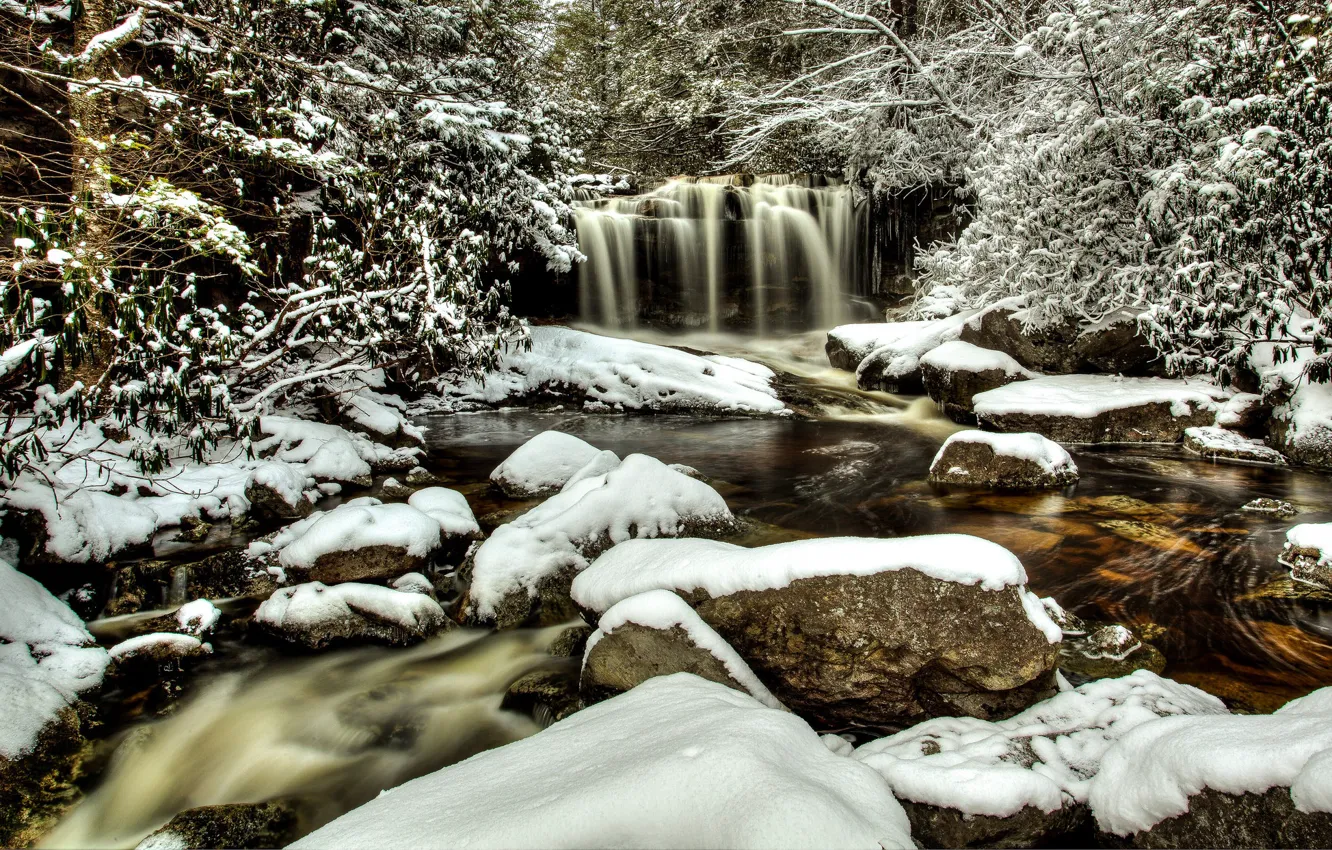 Photo wallpaper winter, forest, snow, trees, river, stones, waterfall, West Virginia