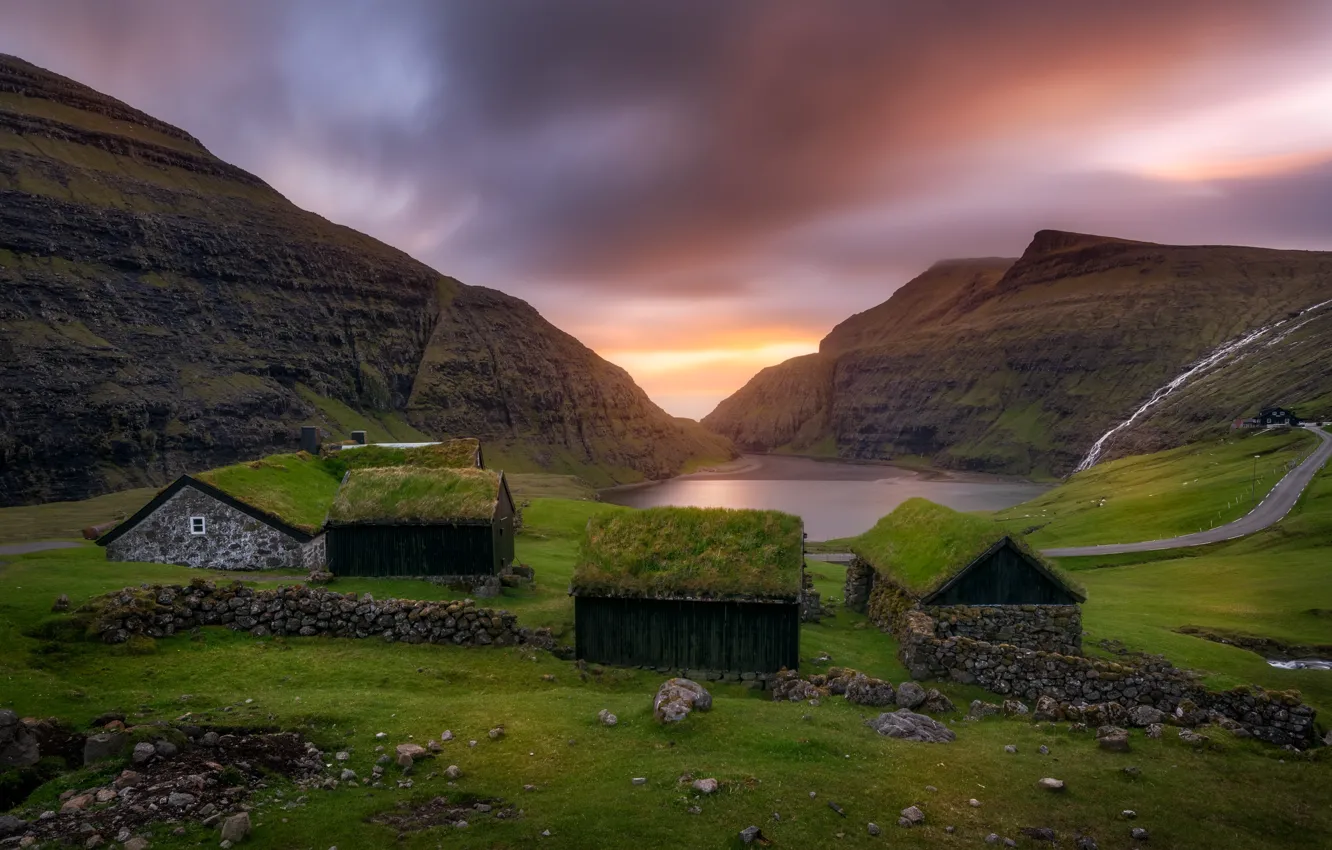 Wallpaper road, landscape, sunset, mountains, nature, lake, stones ...