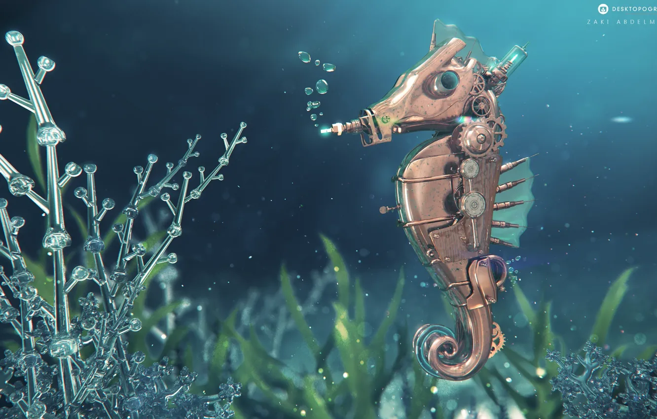 Photo wallpaper metal, desktopography, seahorse, imitation
